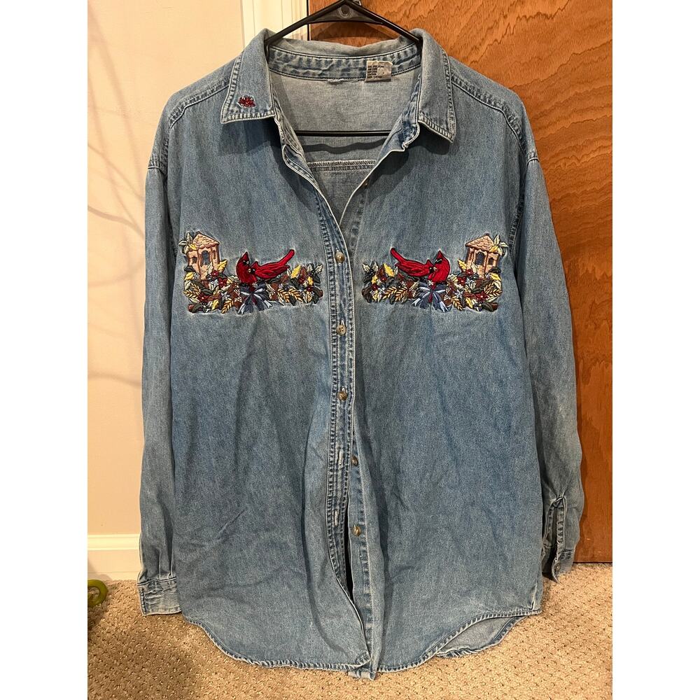 Vintage Denim Embroidered Cardinal Button Down Shirt